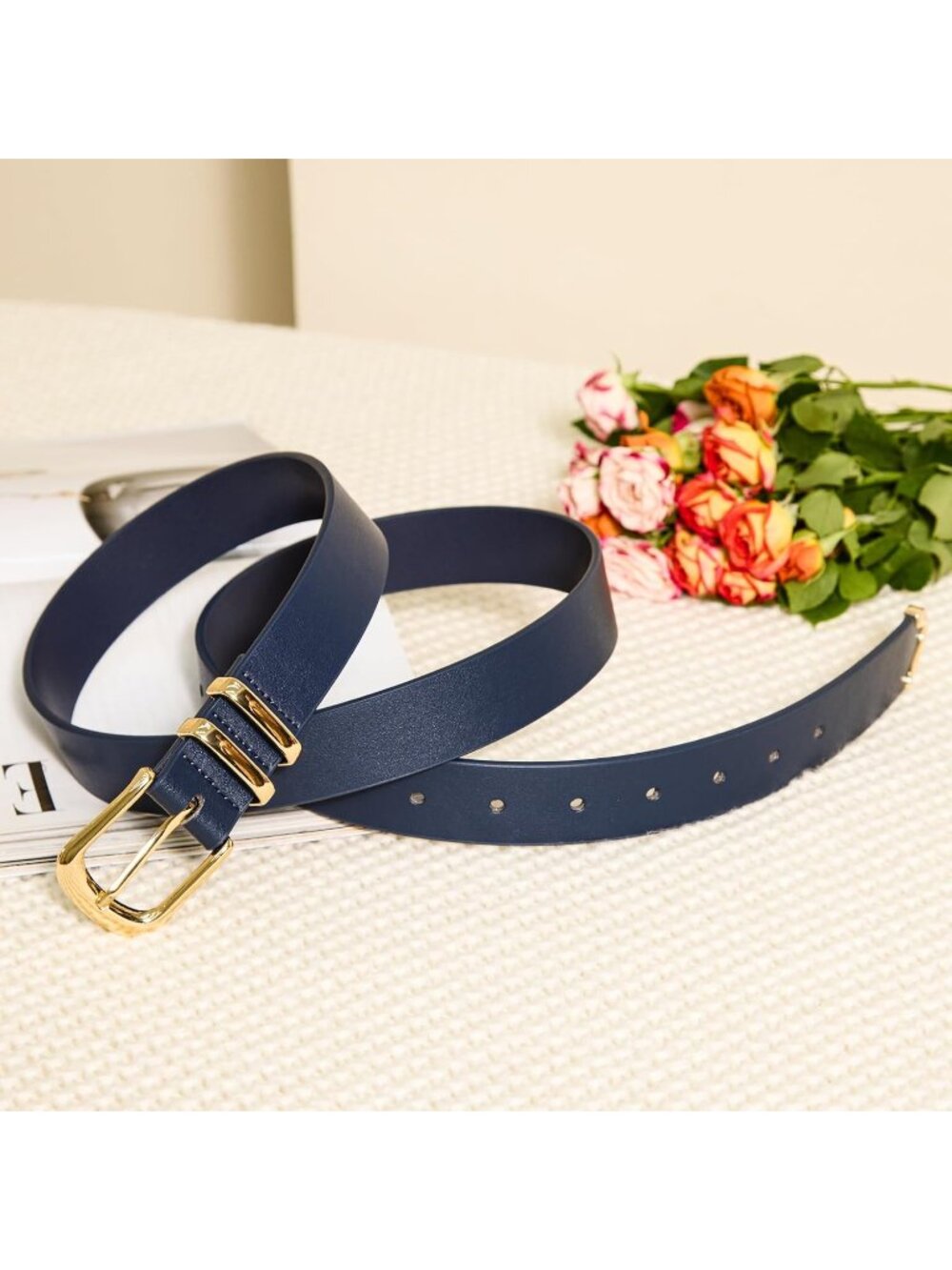 Women's Blue Leather Belt For Jeans Dresses Pants Fashion With Gold Buckle - Picture 2 of 7